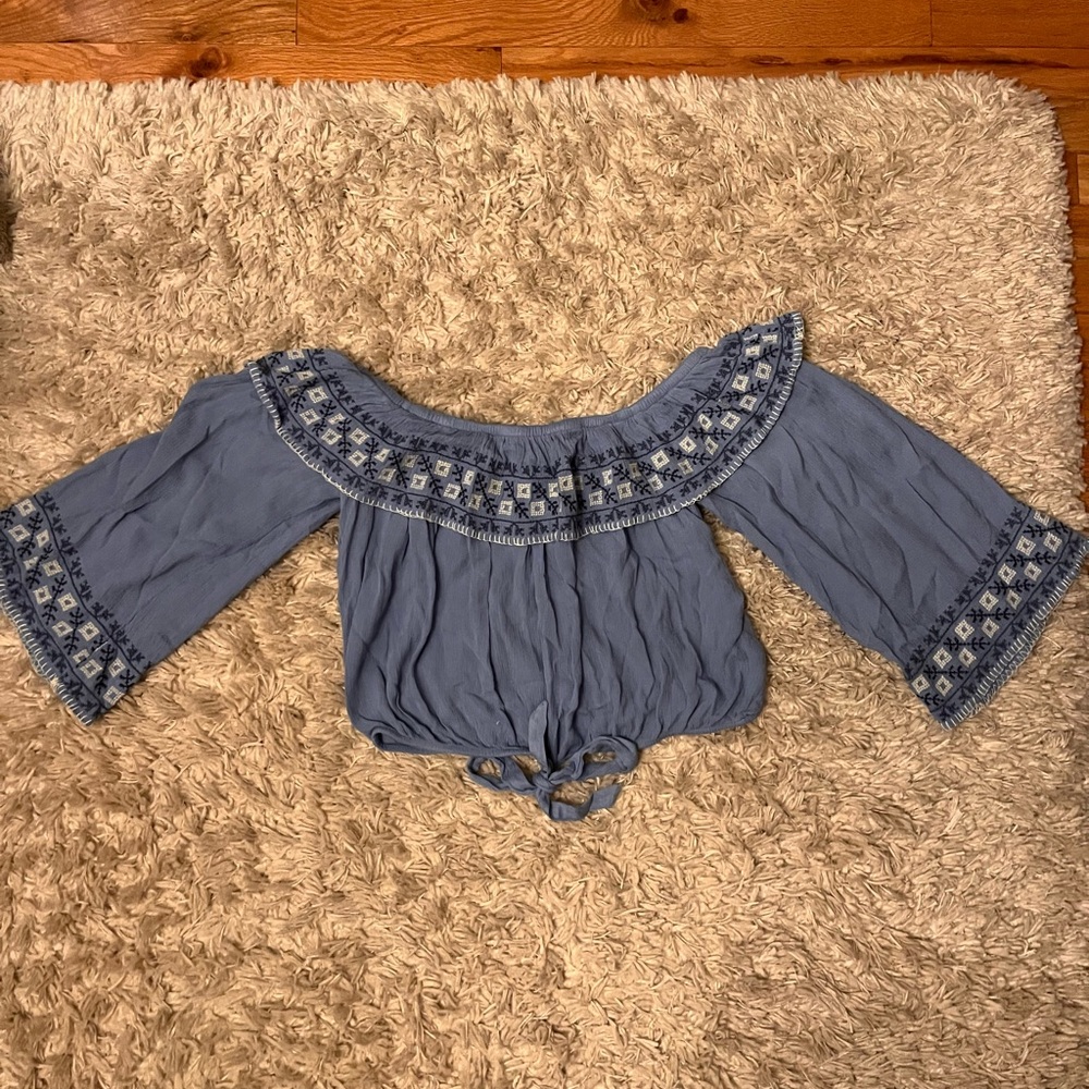 American Eagle Outfitters Blue Off-the-Shoulder Blouse with Bell Sleeves